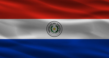 Paraguay flag with fabric texture. Realistic flag of Paraguay wavingの写真素材
