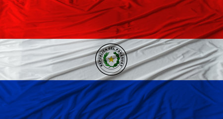Close up of Paraguay flag waving. Flag of Paraguay with cloth textureの写真素材