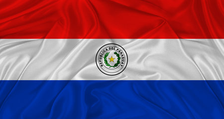 Flag of Paraguay with cloth texture. Close up of Paraguay flag wavingの写真素材