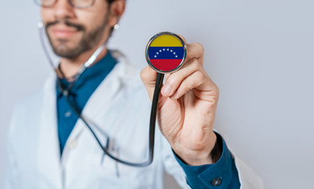 Doctor holding stethoscope with Venezuela flag. Venezuela health and care concept. Venezuela flag on stethoscopeの写真素材