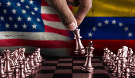 Political tension between Venezuela and USA. Venezuela vs USA flag on chessboardの写真素材