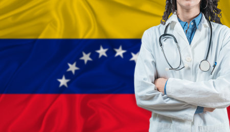 Medical professional on Venezuela flag. Healthcare and wellness in Venezuela, Conceptの写真素材