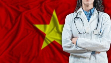Medical professional on Vietnam flag. Healthcare and wellness in Vietnam, Conceptの写真素材