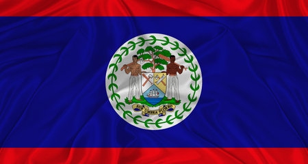 Flag of Belize with cloth texture. Close up of Belize flag wavingの写真素材