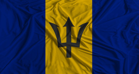 Barbadian flag with fabric texture background. National flag of Barbadosの写真素材