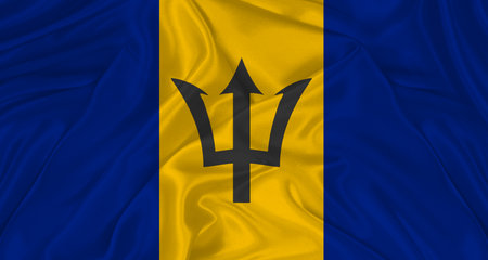 Flag of Barbados with cloth texture. Close up of Barbados flag wavingの写真素材