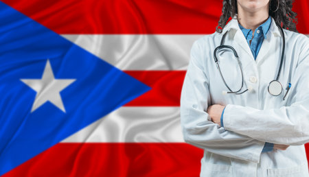 Medical professional on Puerto Rico flag. Healthcare and wellness in Puerto Rico, Conceptの写真素材