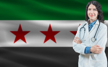 Syrian medicine and healthcare concept. Doctor close up against Syria flag backgroundの写真素材