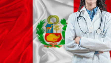 Medical professional on Peru flag. Healthcare and wellness in Peru, Conceptの写真素材