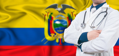 Ecuador healthcare concept. Male doctor on Ecuador flag. Doctor with crossed arms on Ecuador flagの写真素材