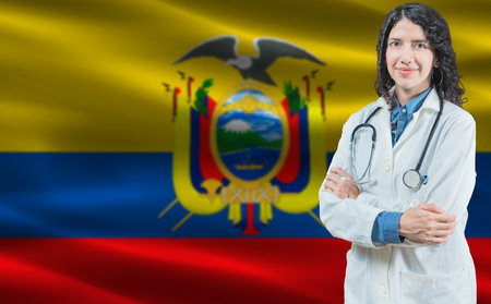 Ecuadorian medicine and healthcare concept. Doctor close up against Ecuador flag backgroundの写真素材