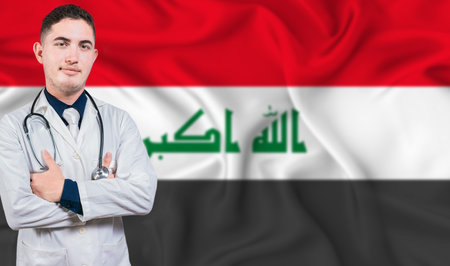Portrait of medical professional on Iraq flag background. Iraqi national health system
