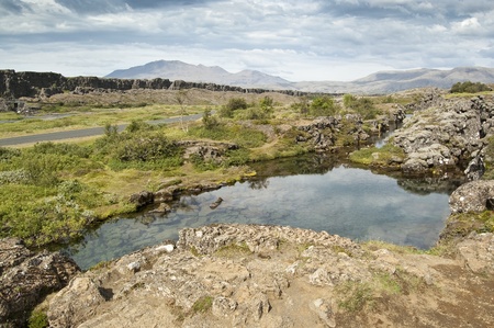 National Park of Thingvellir (Iceland). It is the site of a rift valley that marks the crest of the Mid-Atlantic Ridgeの写真素材