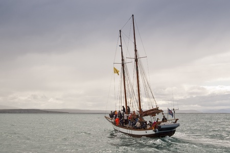 Sailing ship for whale watching. Picture taking in Skjalfandi Bay (Iceland)のeditorial素材