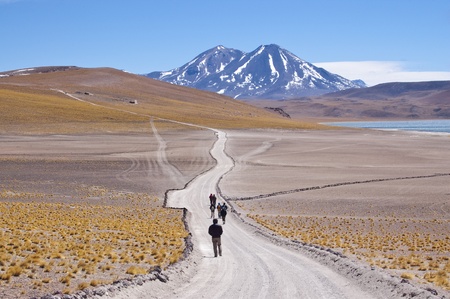 Tourists walking in chilean high plateauの写真素材