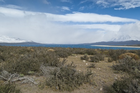 Blue lagoon in Chilean Patagonia, Torres del Paine National Parkの写真素材