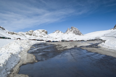 View of a parking in Formigal ski resort (Huesca, Spain) の写真素材
