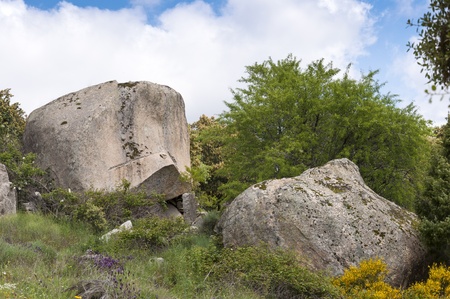 Granite rocks at Sierra de la Cabrera, Madrid, Spain  It is a granite batholith where geologic...