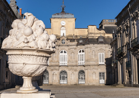 View of the Royal Palace of La Granja de San Ildefonso from the Horseshoe Courtyard, Segovia, Spain. It is an 18th-century palace in a restrained baroque style surrounded by extensive gardens in the French manner and sculptural fountainsのeditorial素材