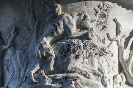 Detail of a sculpture in the gardens of the Royal Palace of La Granja de San Ildefonso, Segovia, Spain. It is an 18th-century palace in a restrained baroque style surrounded by extensive gardens in the French manner and sculptural fountainsのeditorial素材