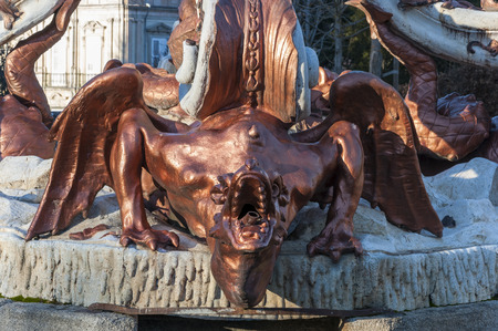 Detail of Fountain of the Dragons, in the gardens of the Royal Palace of La Granja de San Ildefonso, Segovia, Spain. It is an 18th-century palace in a restrained baroque style surrounded by extensive gardens in the French manner and sculptural fountainsのeditorial素材