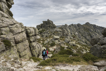 MADRID  OCTOBER 24, 2015: Hikers in Siete Picos (Seven Peaks) range, in Madrid, Spain, on October 24, 2015. It is one of the mountain ranges better known in Guadarrama Mountains National Parkのeditorial素材