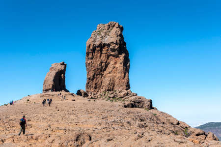 TEJEDA - FEBRUARY 18, 2017: Views of Roque Nublo peak (Clouded rock, Rock in the clouds), in Nublo Rural Park, in the interior of the Gran Canaria Island, Tejeda, Canary Islands, Spain, on February 17, 2017のeditorial素材