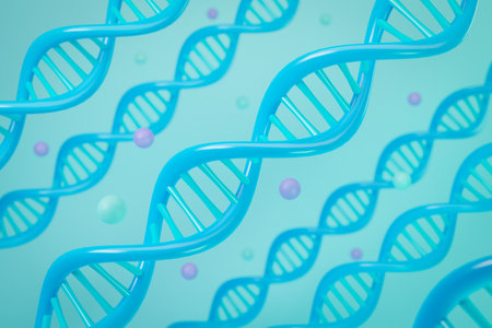 Light blue DNA spiral on light blue background illustrationの写真素材