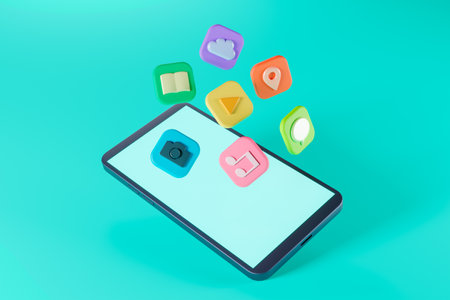 Smartphone and scattered app icons, light blue background, illustrationの写真素材