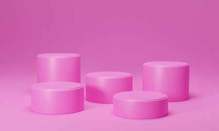 pink cylindrical plinth, pink background, illustrationの写真素材