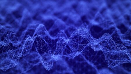 Digital dynamic wave of particles. Abstract futuristic dots background. Big data visualization. 3D rendering.の写真素材