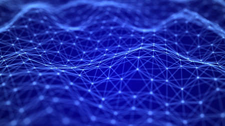Digital dynamic wave of particles. Abstract futuristic dots background. Big data visualization. 3D rendering.の写真素材