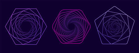 Set of twisted colored spiral. Wireframe warp shape. Technology lines graphic element.