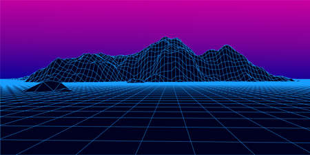 Abstract wireframe landscape 1980s style. Retro futuristic vector grid. Technology neon background...