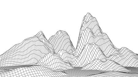 Abstract wireframe landscape design on white background. Technology vector grid. Curve connection structure. Digital futuristic wave.のイラスト素材