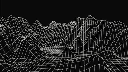 Abstract wireframe landscape design on black background. Technology vector grid. Curve connection structure. Digital futuristic wave.のイラスト素材