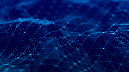 Digital dynamic wave of particles. Abstract futuristic dots background. Big data visualization. 3D rendering.の写真素材