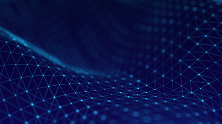Digital dynamic wave of particles. Abstract futuristic dots background. Big data visualization. 3D...