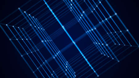 Abstract wireframe cube. Digital blockchain concept. Futuristic blue background with dots and lines....