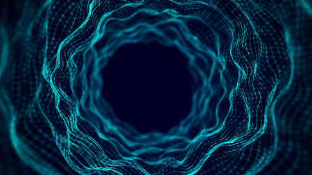 Technology wireframe tunnel on blue background. Futuristic 3D grid. Big data visualization. 3D...