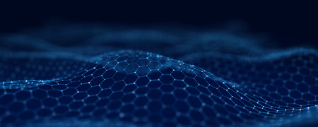 Digital dynamic cyber wave. Abstract futuristic hexagon background with dots and lines. Big data...