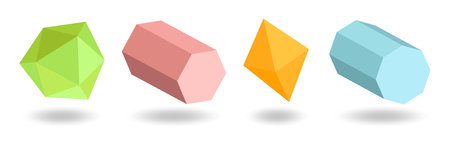 Set of colored shape on white background. Hexagonal prism, crystal and other shapes with shadows.のイラスト素材