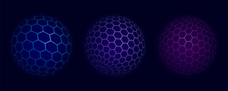 Set of geometric blue spheres with connecting dots and lines. Abstract color shapes with noise effect on white background. Vector illustration.のイラスト素材
