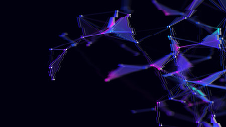 Network connection structure with glitch effect. Digital blockchain concept. Color background with...