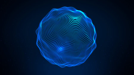 Abstract wireframe blue sphere. Color circle shape with noise and connection dots and lines on dark background. 3D rendering.の写真素材