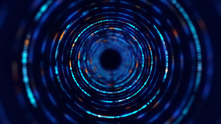 Technology wireframe circle tunnel on dark background. Futuristic 3D wormhole grid. Digital dynamic wave. 3d rendering.の写真素材