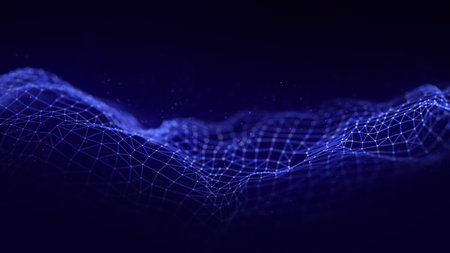 Abstract blue technology wave with dots and lines. Flow of particles. Big data transfer...