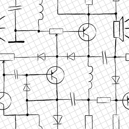 Seamless Electronic circuit. Design scribbles on white paperのイラスト素材
