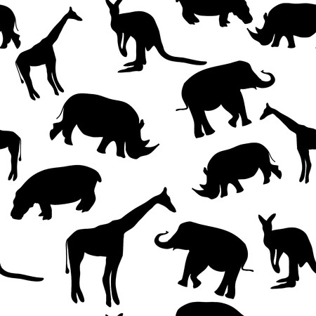 Seamless vector black and white background with wild animalsのイラスト素材