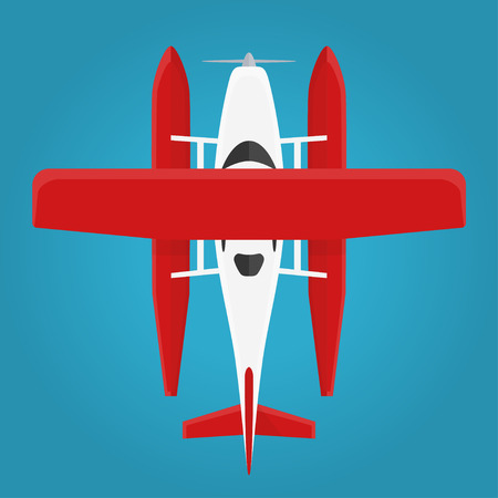 Airplane in the air top view. Flying an airplane with a shadows. Hydroplane view from above isolated...